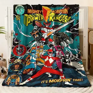 Mighty Morphin Power Rangers Flannel Machine Washable Blanket - Dive into nostalgia with this vibrant retro cartoon print blanket! Featuring iconic Power Rangers characters like the Red Ranger, Blue Ranger, Pink Ra