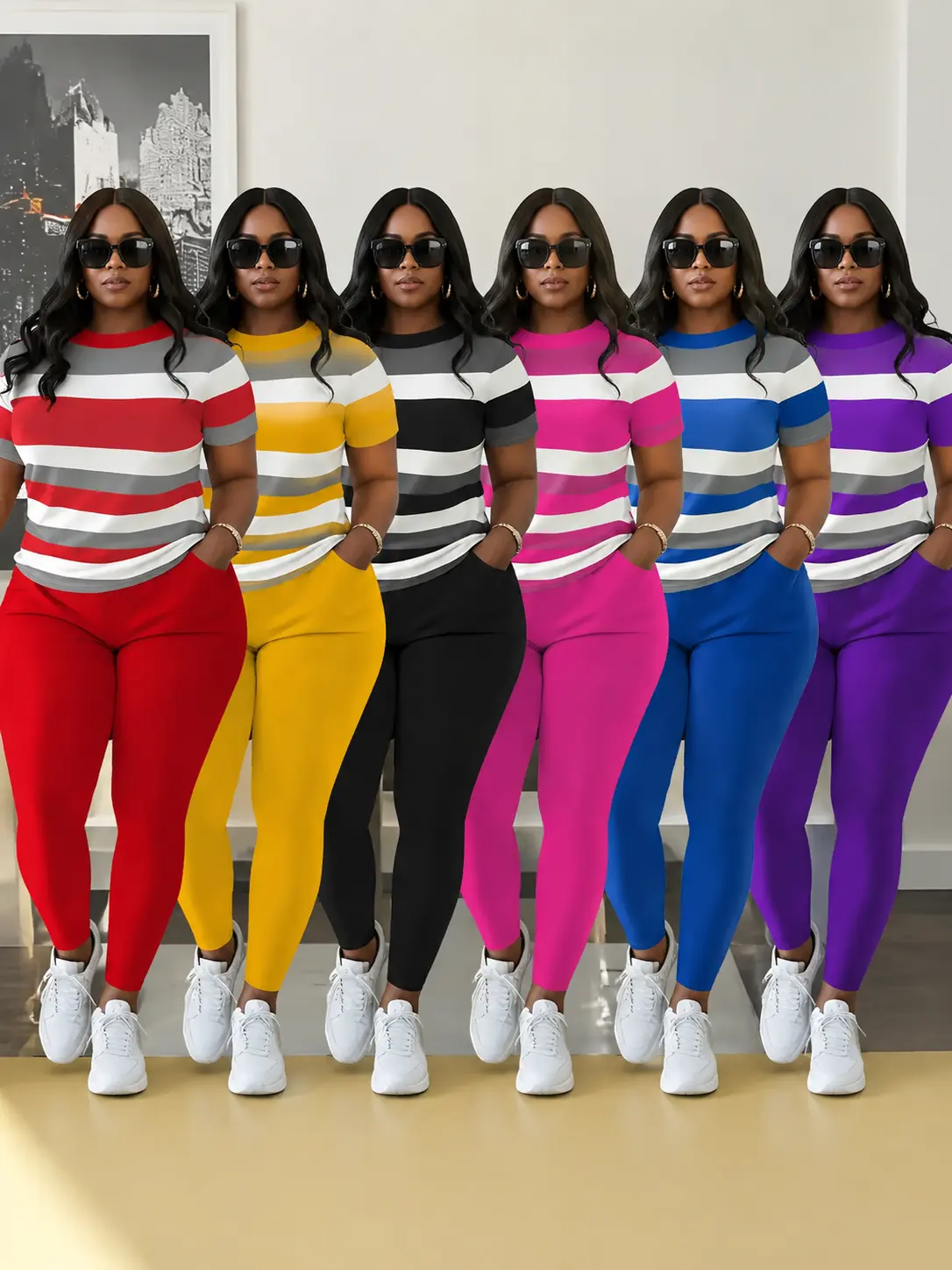 Women 2 Piece Plus Size Striped Printed Round Neck Short Sleeve Top and Trousers Set Plus Size Athletic Two Piece, Women's Athletic Casual Wear,Summer Sweatsuits Slim Fit Track Suits