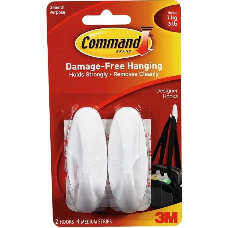 Designer Hooks - Medium , 2 Hooks and 4 Command Strips, Damage-Free Hanging Wall Hook with Adhesive Strips, No Tools Great for Hanging, Organization and Storage, Holds up to 3 lb (Pack of 6)
