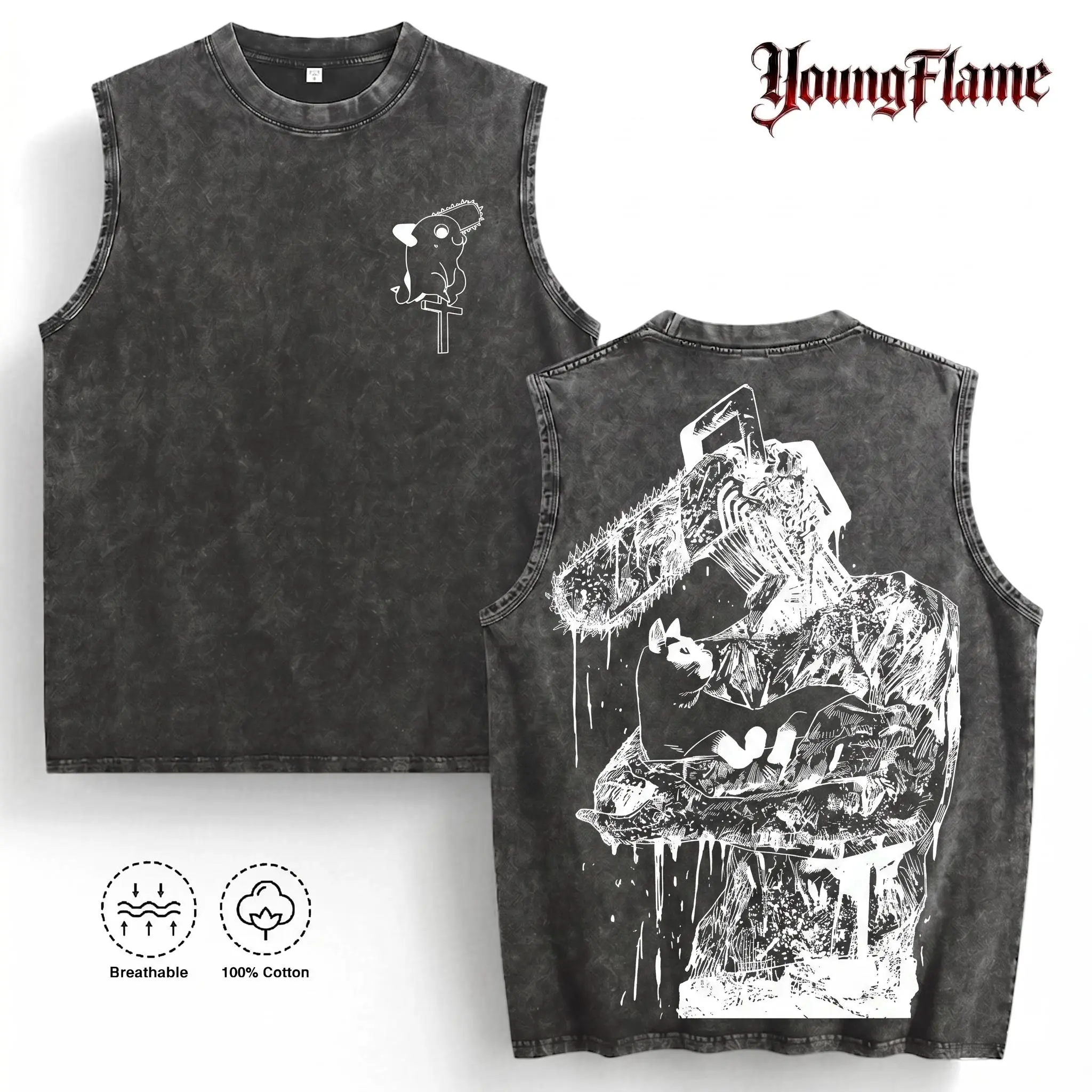Retro Chainsaw Man Pochita Graphic Tank Top | Heavy Acid Wash Distressed Streetwear | 2026 Vintage Grunge Aesthetic Sleeveless Tee | 100% Cotton Premium Quality Anime Merch everyday shirt short-sleeved t-shirt top vintage menswear t-shirt Casual Tshirt Br
