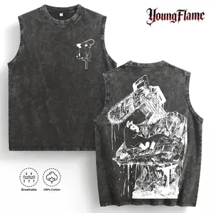 Retro Chainsaw Man Pochita Graphic Tank Top | Heavy Acid Wash Distressed Streetwear | 2026 Vintage Grunge Aesthetic Sleeveless Tee | 100% Cotton Premium Quality Anime Merch