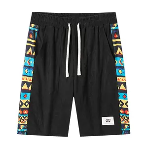 New Summer Men’s Ethnic Style Color-Block Patchwork Shorts — Mid-Thigh Length with Drawstring, Trendy Versatile Sporty Casual Pants