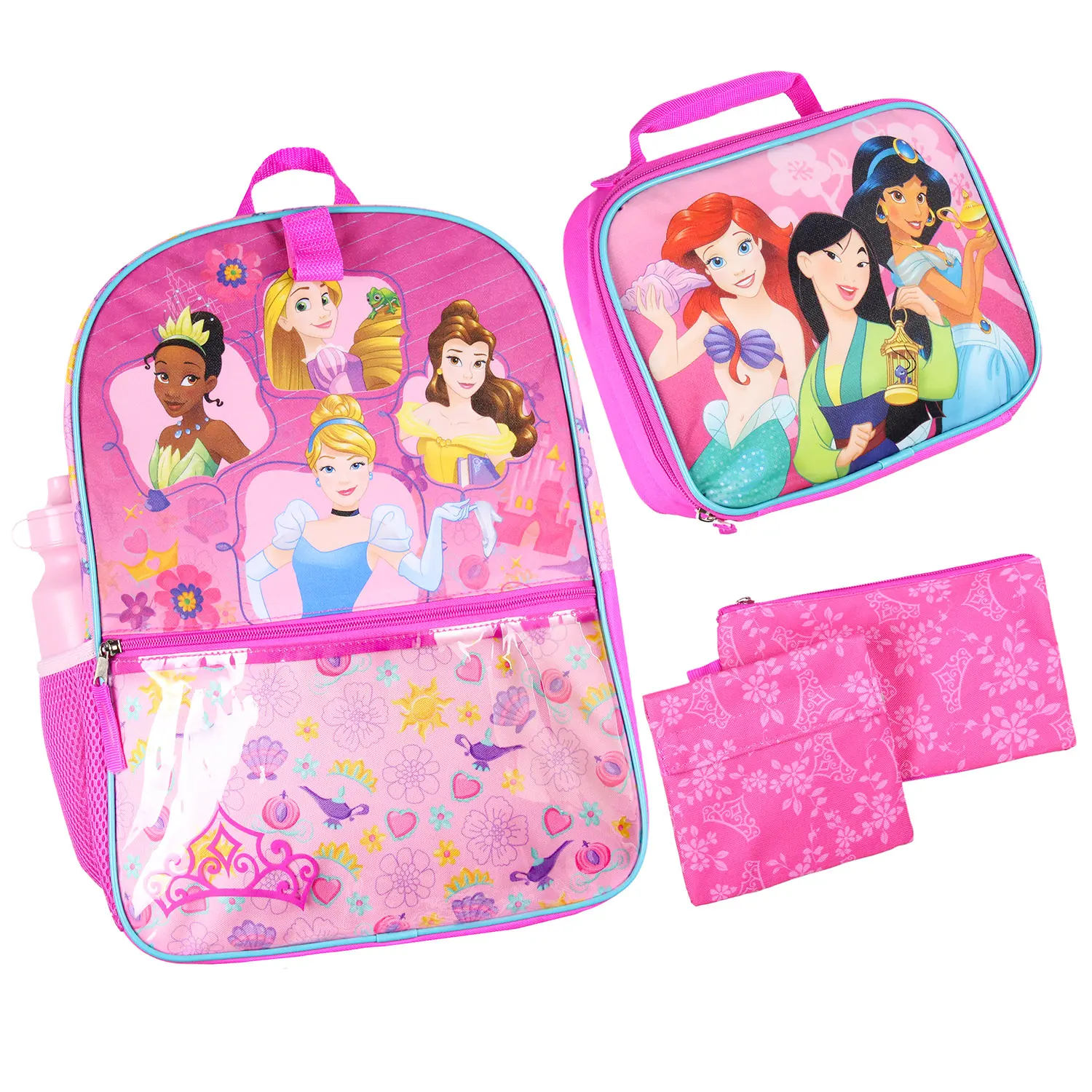 Disney Princess 16” Child-Sized Cute Character Backpack for Girls, 5-Piece School Lunch Box Set, Backpacks for School, Cute Character Backpacks