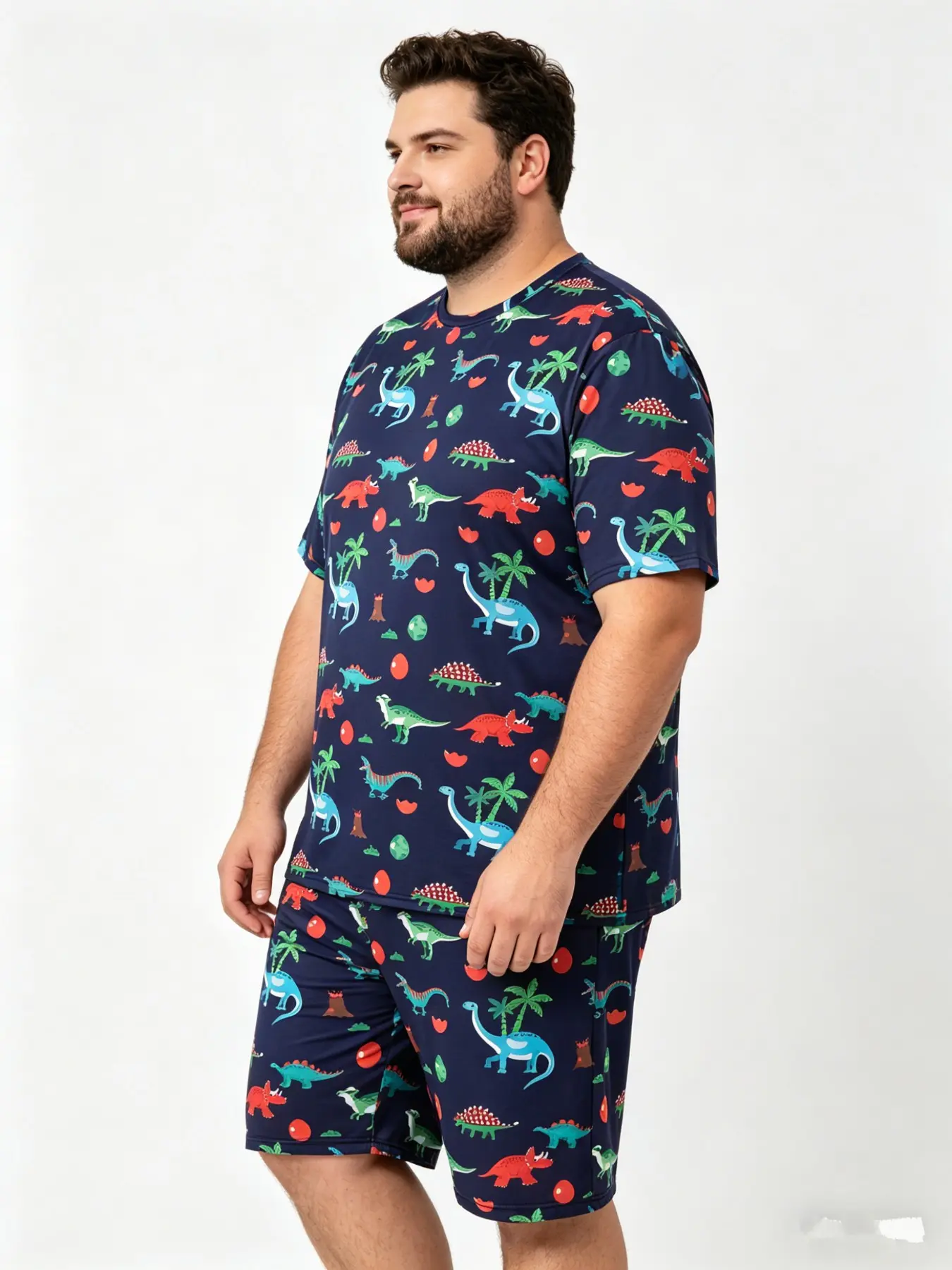 Summer Men's Plus Size Pajama Set, Dinosaur Cartoon Print, Short Sleeve and Shorts, Casual Loose-Fit, Polyester Fabric, All Seasons Sleepwear, Loungewear, Pjs