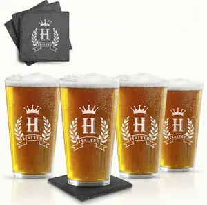Custom Personalized Set of 4 Beer Glasses with Grey Slate Coaster Engraved Pint Glasses for Beer and Soda Personalized Bar Coasters 4"x4" for Him