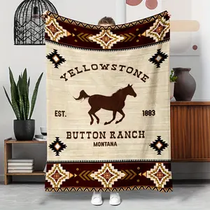 Vintage Southwestern Yellowstone Button Ranch Design Flannel Blanket - Lightweight Soft All-Season Throw for Sofa, Camping, Travel - Earthy Tones Western Home Decor Gift, Camping Accessory, Geometric Print, Cozy Material, Outdoor Enthusiasts