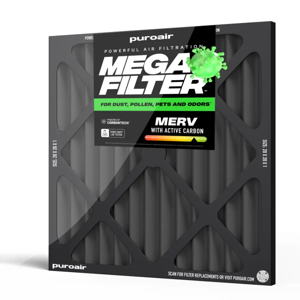 PuroAir HVAC Mega Activated Carbon Filter - MERV Rating 13 Pleated Design, Easy Installation & Maintenance, Ideal AC Filter for Allergies, Lasts 3x Longer