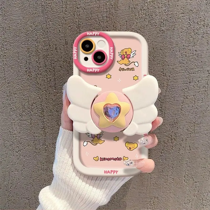 Sakura Higurashi Magical Girl Angel Wing Stand Phone Case for iPhone 17 16 15 14 13 12 11 Pro Max TPU Soft Shell Protective Cover Shockproof Casing with Adorable Design
