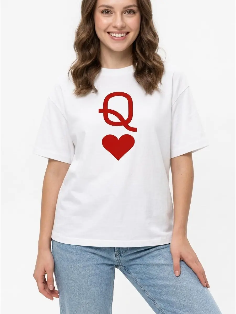 Queen of Hearts Tee Minimalist Graphic 100% Cotton Black White S-3XL Women Icon-style Couple-outfit Retro-aesthetic