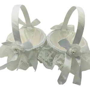2 PCS Wedding Flower Girl Baskets,Creative Hand-held Lace Rhinestone Flower Baskets for Flower Bride/Kids Wedding Ceremony Party Accessories (5613D)