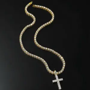 Timeless Unisex Tennis Chain & Cross in 14kt Yellow & White Gold Plating for Everyday Wear Classic Versatile Gold Necklace Flash Sale