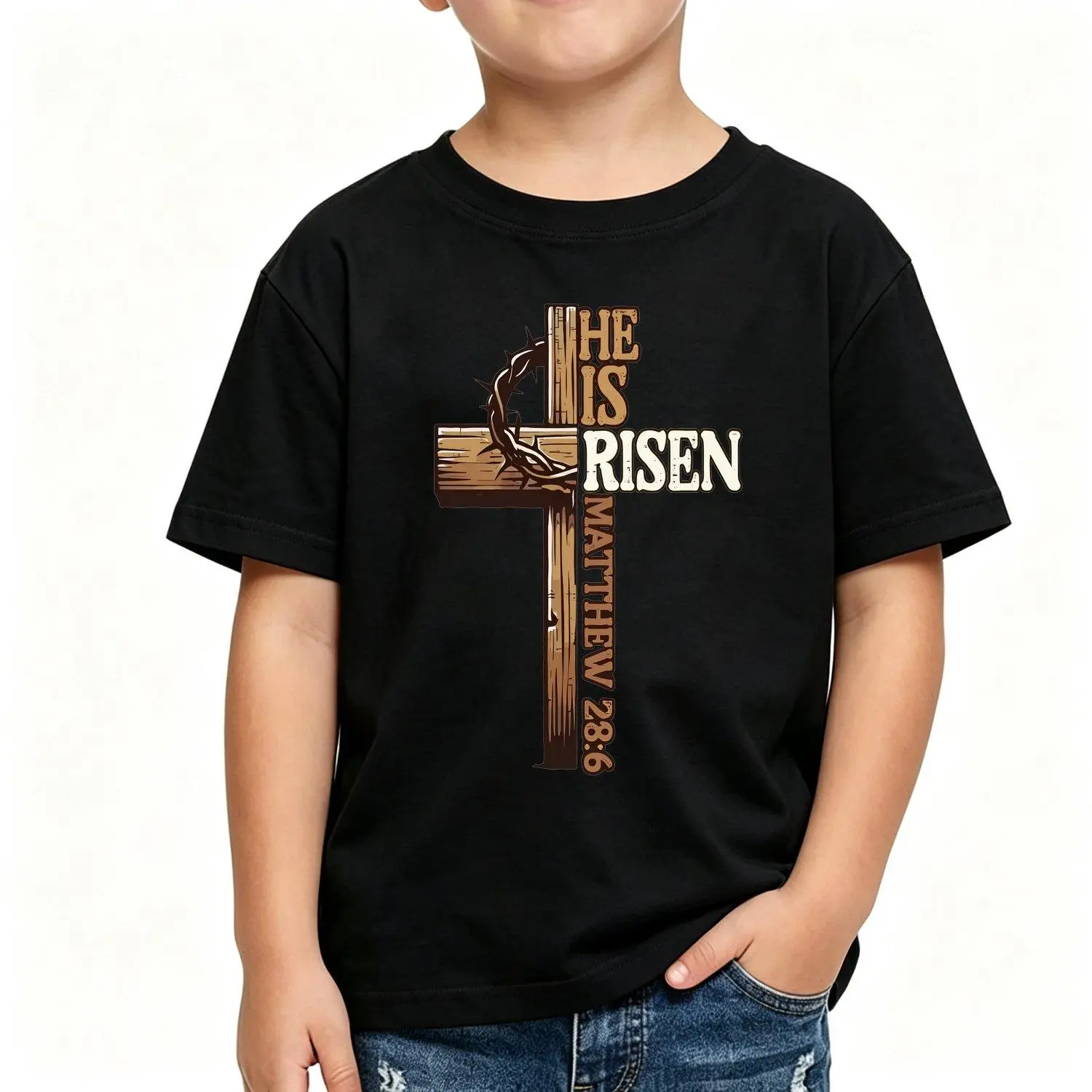 Boys' Cotton Fabric Tee - Classic All-Seasons Short Sleeve Tops, Loose-Fit Crew Neck Printed Graphic T-Shirts, Easter Cross Jesus Risen Religious Faith Christian Holiday Kids' Clothes
