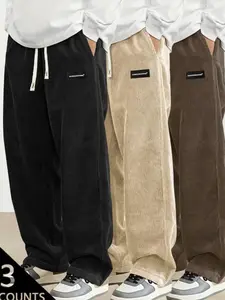 Men's 3-Packs Retro Corduroy Jogger Pants - Black, Brown, Green, Grey & Khaki - Loose Fit with Elastic Waist & Drawstring, Patch Logo Detail - Fabric - Perfect for Streetwear, Casual, Autumn Winter Wear - S-3XL Sizes