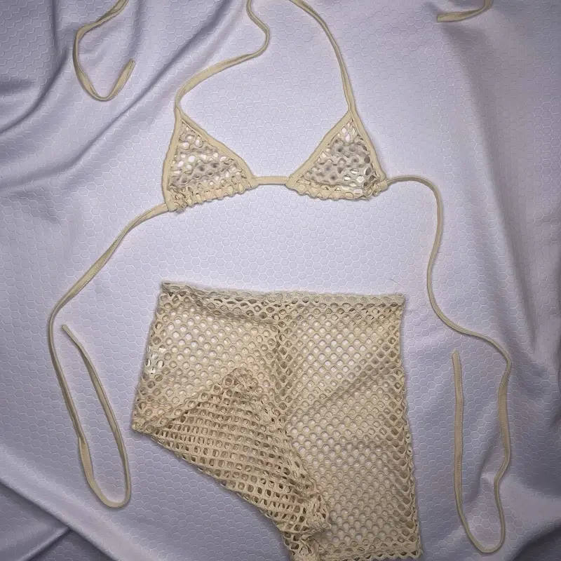 Two Piece Nude Netted Short Set - Comfortable Womenswear with Tops and Shorts - Clothing, Suits Lingerie