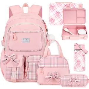 Similove 4/5 pcs Backpack Set for Girls, Cute Bow School Bags for Kids with Lunch Bag & Pen Case, Lunch Box/WaterBottle/Headphones, with USB Charging Port,Bookbag for Girls Children Teens Elementary Middle Student