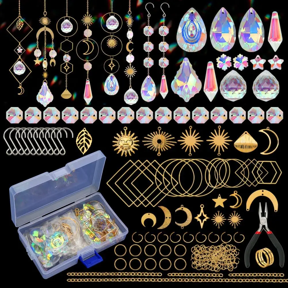 200 count DIY Sun Catchers Making Kits Craft for Adults  Suncatchers Supplies Stained Glass Window Hanging Prism Indoor Outdoor Garden Xmas Decor with Rainbow Maker Pendants Chains