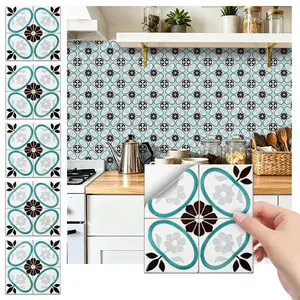 24PCS/Box FHZ Classic Art Tile Teal-Gray Retro Geometric Floral Wall Stickers (PET Matte) | Peel & Stick Splash Guard | Waterproof Oil-Proof for Bedroom/School/Office/Kitchen/Bathroom/Furniture/Stairs