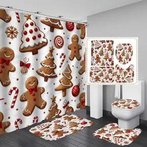 1/3/4PCS Christmas themed cartoon style gingerbread trees and candies Shower Curtain Set with Rugs, Non Slip Bath Mat, U-Shape Carpet, Toilet Lid Cover, Polyester Fabric Bathtub Curtain Accessories, 12 Hooks, Home Bathroom Festival Decor