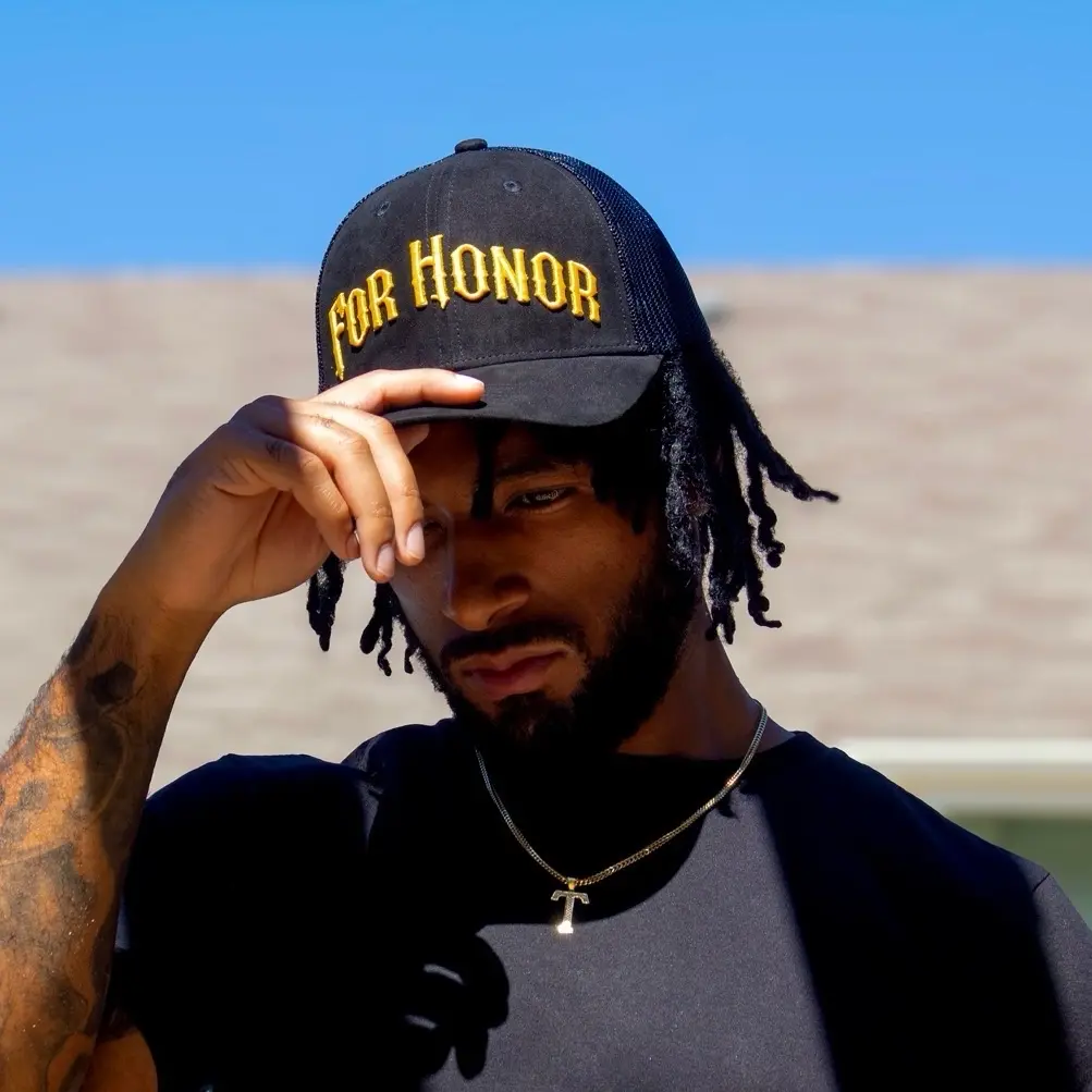 Ydrsll98 'For Honor' Suede Trucker Hat with 3D Embroidery and Mesh Backing - Black