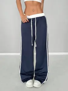 Women's Patchwork Striped Waistband Everyday Casual Loose-Fit Straight Leg Pants, Fashionable Hip-Hop Style, All Seasons Comfortable Wear, Casual Comfy Fit