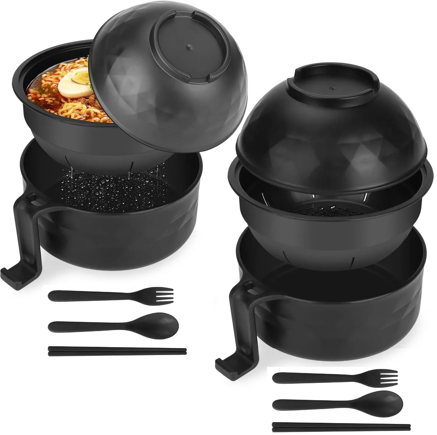 Microwave Ramen Cooker Bowl Set with Spoon Chopsticks Fork Wheat Fiber Instant Noodle Bowl with Handles Ramen Kit for College Dorm Room Apartment Essentials