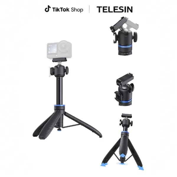 TELESIN 0.01S Auto Open 65 cm/25.5" One Click Open Mini Selfie Stick Tripod for Xtra /DJI Osmo Action 6 / DJI Osmo Nano/DJI Osmo 360 / Xtra 360 / Xtra Atto Camera Accessories