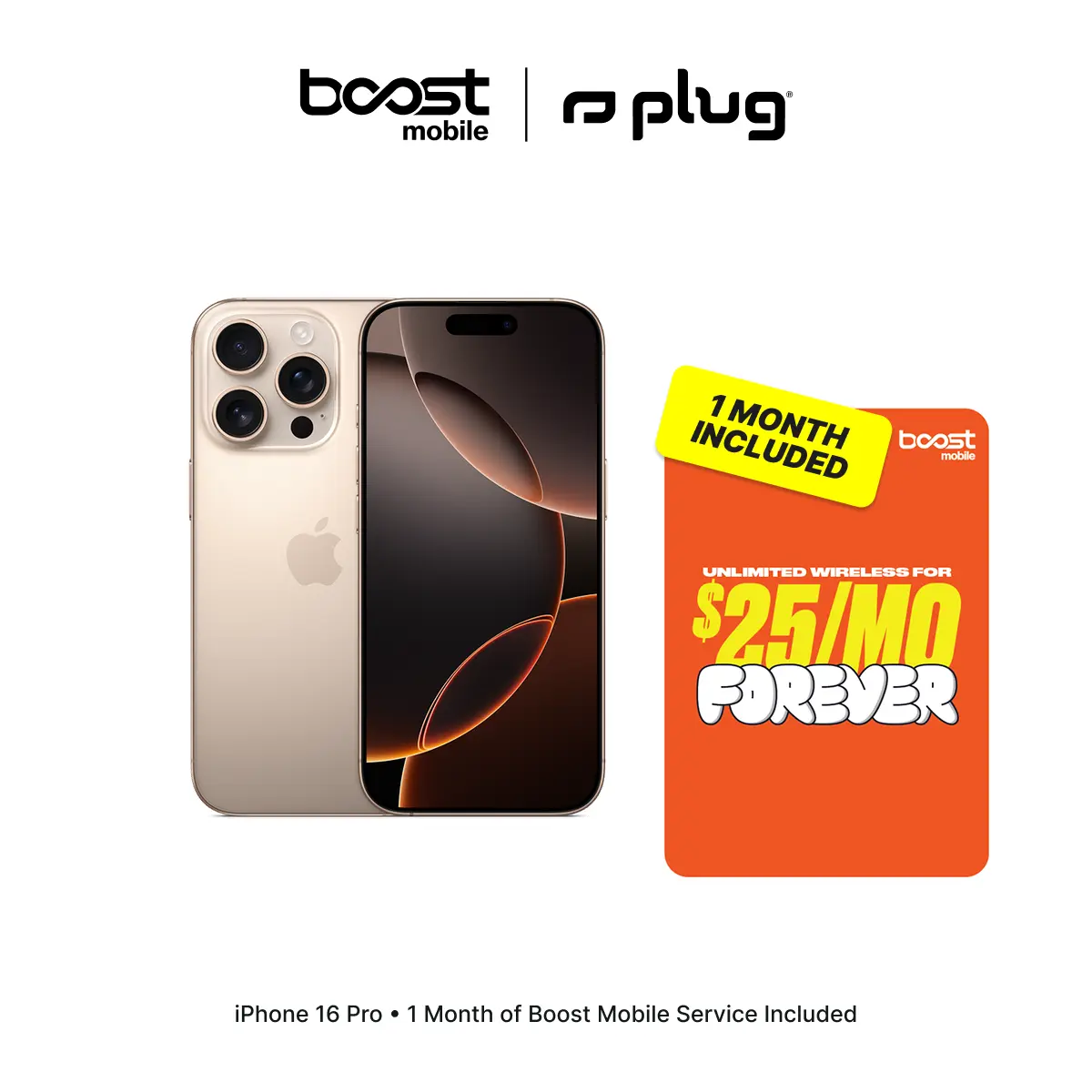Refurbished Apple iPhone 16 Pro (Unlocked) + 1 Month of Unlimited Boost Mobile Service Included - Good Condition with 1-Year Warranty by Plug