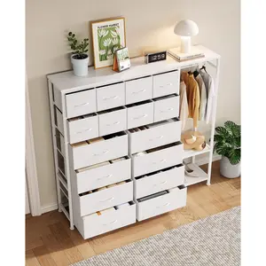 Tall 16 Drawer Fabric Dresser with Built-In Clothes Hanging Rack and 2 Open Storage Shelves, Sturdy Metal Frame with Wooden Top, Large Capacity Closet Organizer for Bedroom, Living Room & Entryway