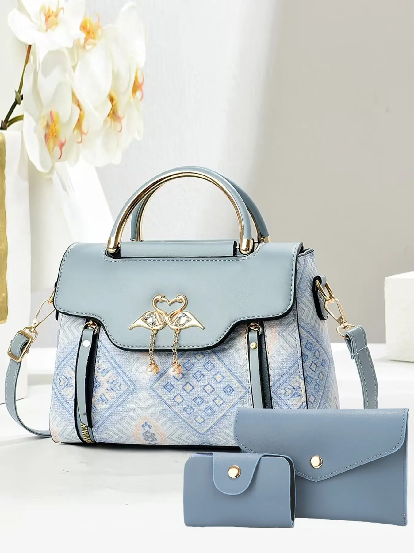 Elegant Gradient Color Handbag Set, Trendy Print Large Crossbody Bag, Elegant Shoulder Bag, Stylish Three-Piece Fashion Accessory Collection, Fashionable All Seasons, Crossbody Handbag Sets, Fashionable Bags