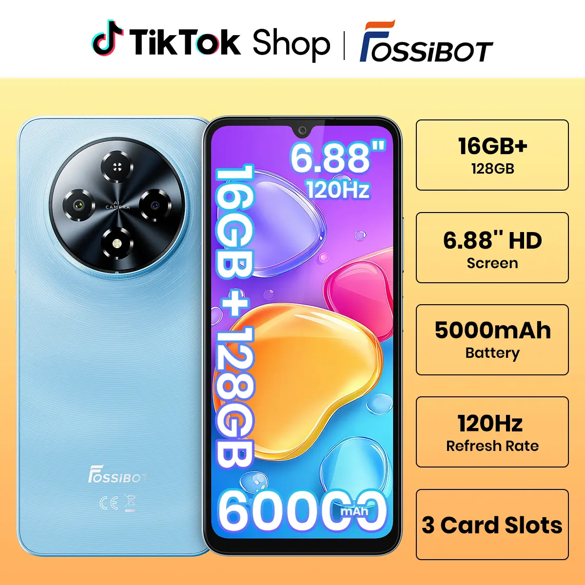 FOSSIBOT S5 Android 15 Cell Phone(2026), 16GB+128GB/2TB Unlocked Phone, 6.88" Display Smartphones, 6000mAh Battery 4G Dual Sim Mobile Phones, 13MP+8MP Camera, Gemini Al Octa-core Chipset/GPS/BT5.0,back to school,back to school haul