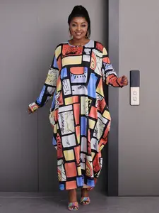 Plus Size Geo Abstract Print Maxi Dress | Long Sleeve Loose Pocketed Caftan for Vacation Resort