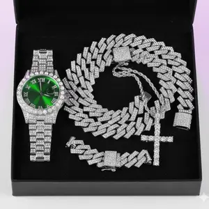 Men's Hip Hop Style Luxury Red / GREEN / BLUE Face Silver Plated CZ Watch & Iced Cuban Chain & Bracelet & Cross Necklace Gift Set