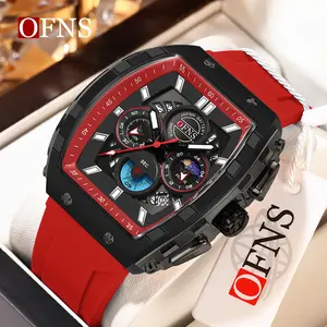 men's square watch, high-end color scheme, hollowed out three eye multifunctional timing dial, moon phase calendar display, soft silicone strap, waterproof night light design, trendy sports, business, leisure and versatile temperament men's quartz watch t