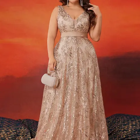 【Plus Size】 Contrast Sequin Backless V Neck Bridesmaid Dress, Elegant Sleeveless Maxi Bridesmaid Dress for Party Wedding Guest, Women's Clothes for Summer, A Line Gown