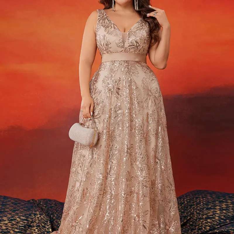 【Plus Size】 Contrast Sequin Backless V Neck Bridesmaid Dress, Elegant Sleeveless Maxi Bridesmaid Dress for Party Wedding Guest, Women's Clothes for Summer, A Line Gown