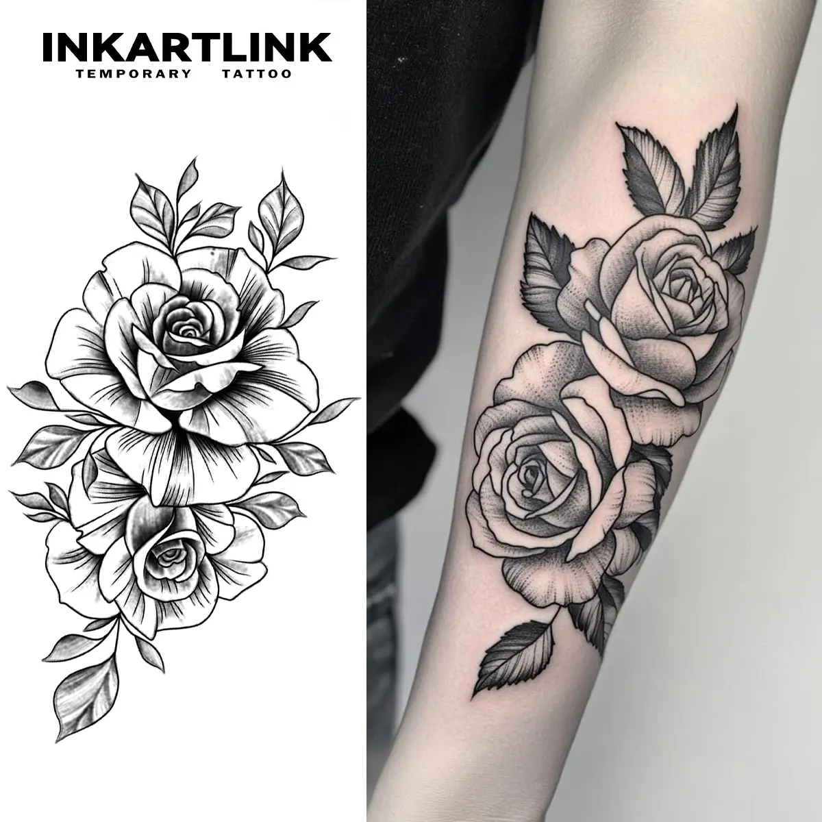 INKARTLINK Tattoo Tech, 2 Sheets Semi-Permanent Temporary Tattoos ,Rose 2,Adult Art Design,Lasts 1-2 Weeks, Waterproof, Realistic Look, No Adhesive, No Reflection,For Man And Woman,Ideal for Swimming, Party, Fake Tattoos, Ephemeral Tattoo