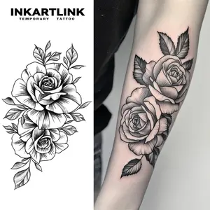INKARTLINK Tattoo Tech, 2 Sheets Semi-Permanent Temporary Tattoos ,Rose 2,Adult Art Design,Lasts 1-2 Weeks, Waterproof, Realistic Look, No Adhesive, No Reflection,For Man And Woman,Ideal for Swimming, Party