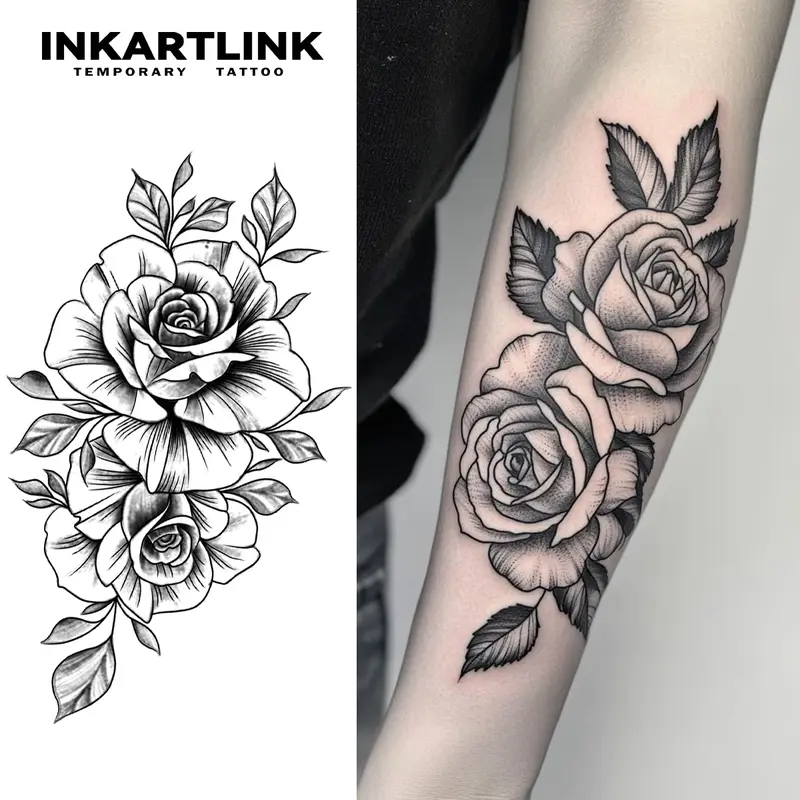 INKARTLINK Tattoo Tech, 2 Sheets Semi-Permanent Temporary Tattoos ,Rose 2,Adult Art Design,Lasts 1-2 Weeks, Waterproof, Realistic Look, No Adhesive, No Reflection,For Man And Woman,Ideal for Swimming, Party