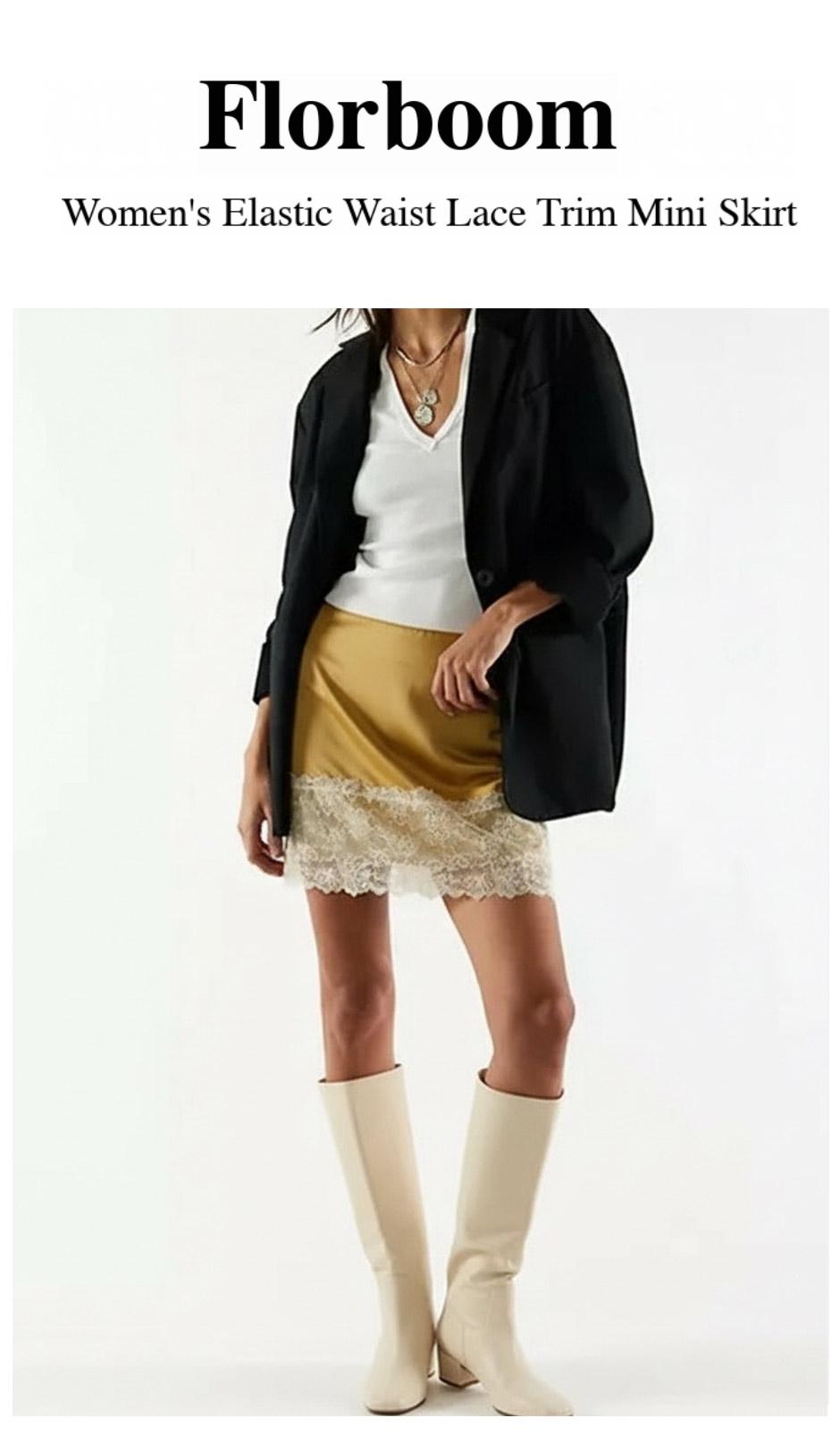 Florboom Women's Satin Mini Skirt – Elastic Waist & Lace Trim, Floral Lace Detail for Casual, Streetwear, Vacation, Festival & Party Wear