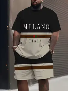 Men's Plus Size Menswear Milan Italy Graphic Round Neck Tee and Shorts Matching Set, 3D Print Design, Casual Sporty Style, Drawstring Waist, Lightweight Fabric, Summer Casual Set