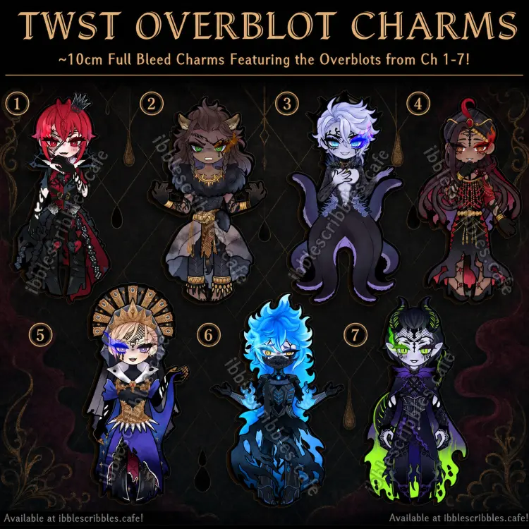 TWST Overblot Acrylic Charm Collection, 7 Full-Bleed Dark Fantasy Character Charms, 10cm Bag Accessories