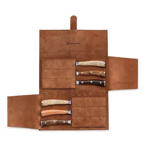 Ikon 6-Piece Mixed Wood Steak Knife Set with Leather Knife Roll