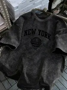 Men's Round Neck Loose T-Shirt, Vintage American Style, New York Letter Print, Streetwear, Fashion, Pure Cotton Washed, Casual Daily Wear, Menswear