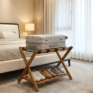 Bamboo Folding Luggage Rack with Storage Shelf – 5 Durable Nylon Straps – Supports Up to 150 lbs – Space-Saving Suitcase Stand for Bedroom, Guest Room, Hotel