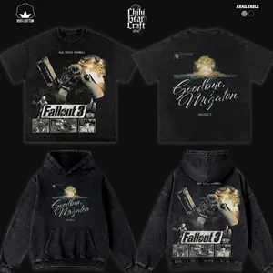 Men's Vintage Fallout 3 Goodbye Megaton Unisex Cotton T-Shirt & Hoodie, Black Wash Double-Side Eco-Printing Graphic Tees, Oversized Heavyweight Pullover, Casual Comfy Gamer Streetwear Top