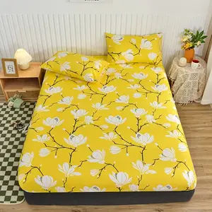 3-Piece Floral Print Bed Set, Yellow Fitted Sheet and 2 Pillowcases (No Pillow Cores), Soft Breathable Bedding for Bedroom, Guest Room
