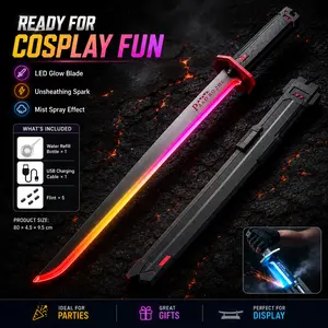 Light-Up LED Toy Sword with Mist Spray & Pull-Action Spark-Style Effect, Rechargeable Cosplay Role Play Prop, Hobby Toy Gift for Teens 14+