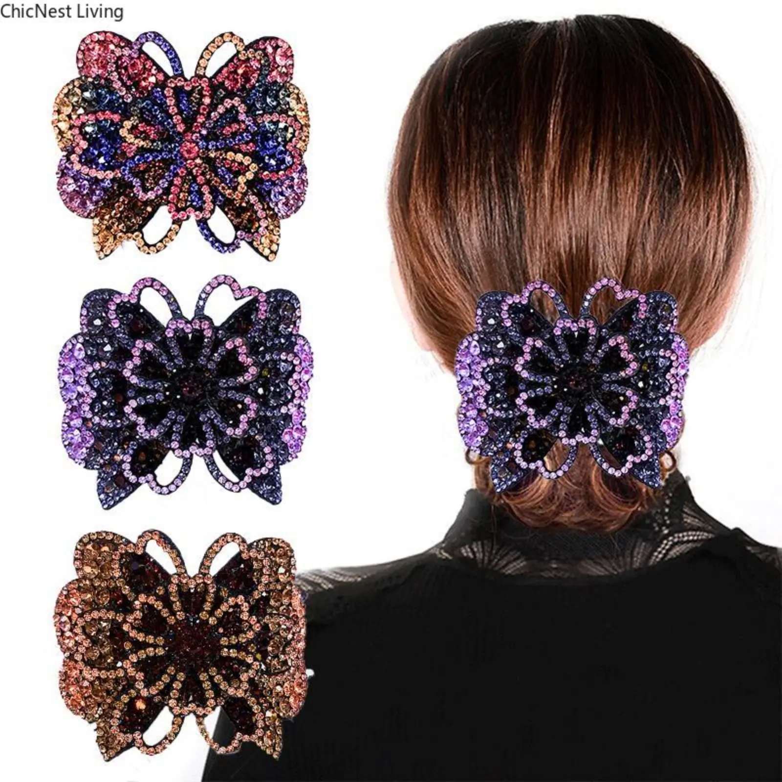 Women's 3-Pcs Vintage Bejeweled Crystal-Studded Decorated Flower Hair Clips - Strong-Hold Butterfly Barrettes, Flower Hair Accessories for Weddings, Clip Hair Clips