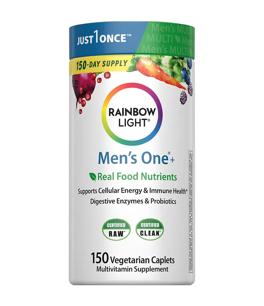 Rainbow Light Mens Multivitamin One + | 150 Caplets | Supports Cellular Energy & Immune Health | with Vitamins C, D, and Zinc | Real Food Nutrients, Digestive Enzymes & Probiotics