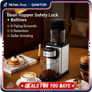 Qawtor Conical Burr Coffee Touch Edition Electric Coffee Bean Grinder – 25 Grind Settings, Precision Timing Control, Anti-Static Design, Compact Build with Air Blower, 200W Power Output, DealsforYouDays ,SummerWims